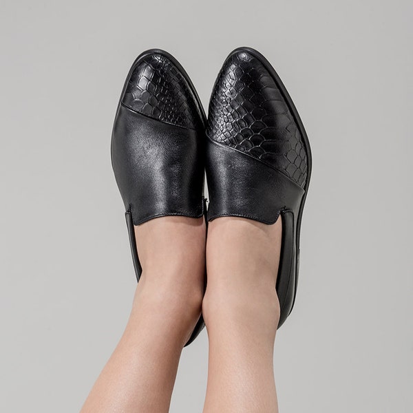Schwarze Leder Loafers Schuhe, Schlangenleder Schuhe für Frauen, lässige Büroschuhe, Formelle schwarze Schuhe