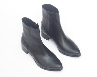 Black Pointed Toe Boots, Black Ankle Leather Booties for Women