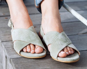Light Green Suede Leather Sandals, Criss Cross Handmade Comfortable Sandals For Women