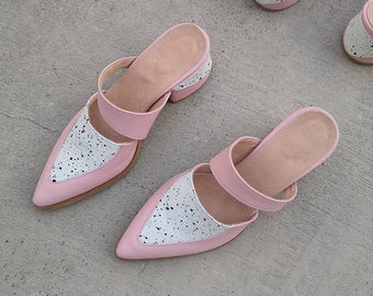 Pointed Toe Mules,Leather shoes, Handmade shoes, Heeled Mules Shoes, Pink Mules, Leather Mules, Mule Slides, Leather Slip Ons, Mules Sandals