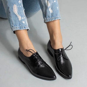 Black Leather Oxfords, Classic Oxford Shoes For Ladies, Flat Formal Shoes, Handmade Flat Leather Shoes, Elegant Oxfords