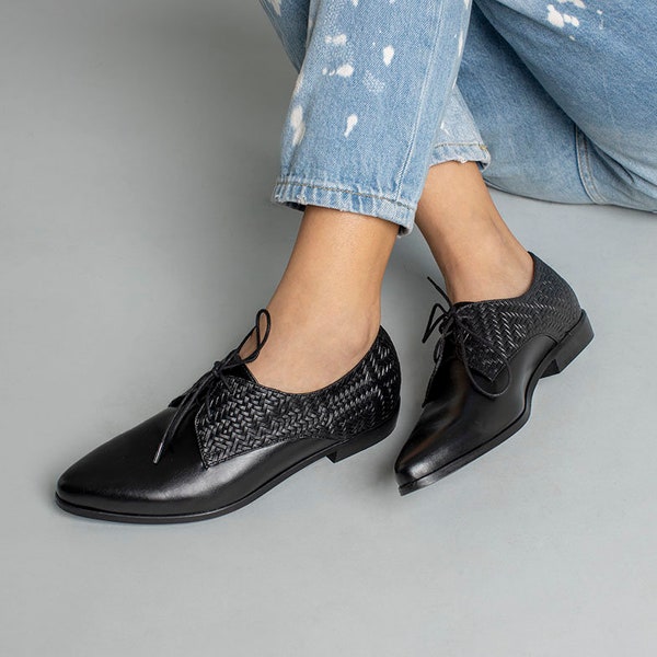 Womens Leather Oxford Shoes, Black Flat Woven Shoes, Classic Leather Shoes, Comfortable Office Shoes