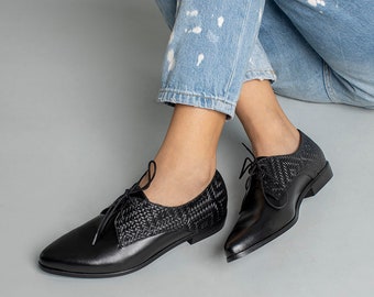 Black Leather Oxford Shoes Women 