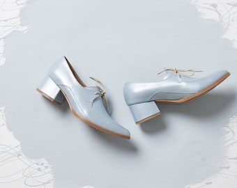 Light Blue Women Leather Shoes, Block Heel Shoes, Comfortable Tie Shoes With Heels, Retro Style Shoes