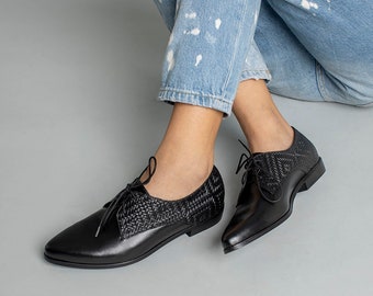 Womens Leather Oxford Shoes, Black Flat Woven Shoes, Classic Leather Shoes, Comfortable Office Shoes