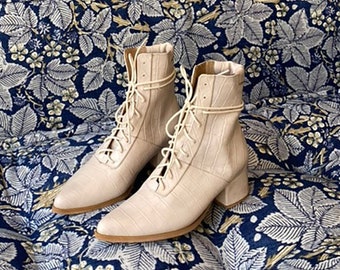 Women's Pointy Boots, White Lace Up Ankle Booties For Women, Bright Booties With Printed Leather, Women's White Boots, Women's Boots