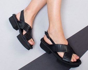 Black Leather Sandals, Platform Sandals, Summer Shoes, Slingback Sandals, Criss Cross Sandals, Handmade Designer Sandals