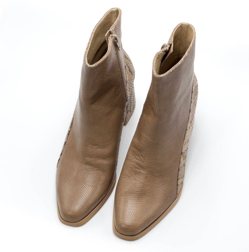 Fashion Leather Zip Booties Snake Skin Boots Handmade Brown Leather Women Ankle Boots