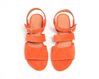 Women's Orange Sandals, Suede Leather Sandals, Low Heels Sandals, Slingback Sandals, Strappy Sandals