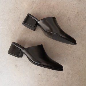 May include: A pair of black leather mules with a square block heel. The shoes have a pointed toe and a slip-on design. The heels are approximately 2 inches high.