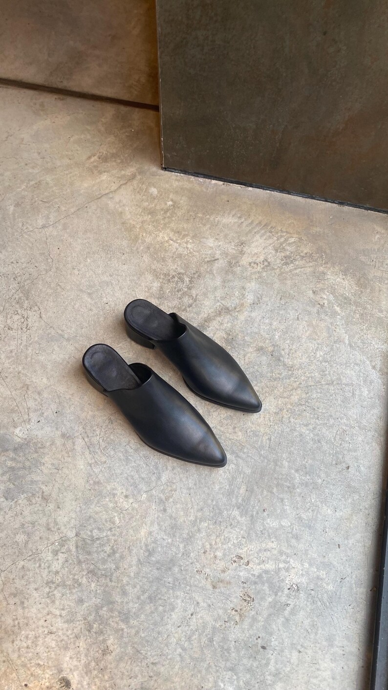 May include: A pair of black leather pointed-toe heeled mules. The shoes are on a light gray concrete surface.
