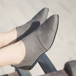 Casual Gray Leather Shoes, Dress Shoes For Women,  Pointed Loafers, Flat Shoes For Women, Comfortable Shoes, Slip On Shoes