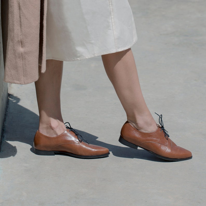 Brown Leather Oxfords, Brown Oxford Shoes, Leather Flat Shoes, Women Shoes, Lace up Shoes, Formal Shoes, Flat Oxfords, Pointy Flats image 3