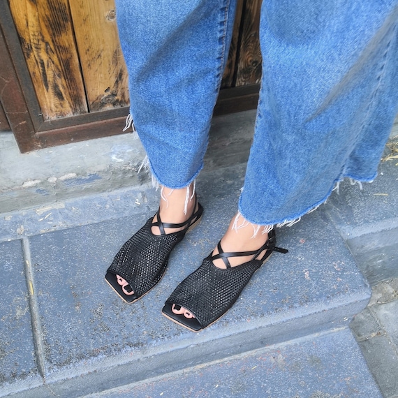 Elegant Black Leather Shoes, Handmade Women Shoes, Square Toe Shoes, Trendy Shoes, Strap Sandals, Greek Roman Sandals, Sandals Women Leather