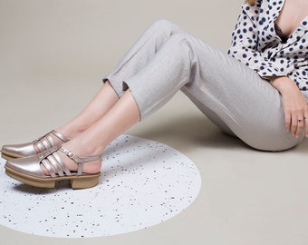 Metallic Leather Sandals, Comfortable Platform Sandals, Close Toes Sandals, Lightweight Sandals, Handmade Shoes For Women