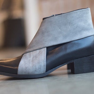 Black Gray Leather Ankle Boots, Comfortable Designer X Booties Winter Shoes