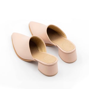 May include: A pair of light pink heeled mules with a pointed toe. The shoes have a low block heel and a closed back.