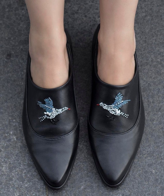 Womens Black Leather Oxford, Embroidered Shoes, Handmade  display picture 3