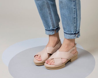 Nude Leather Sandals, Off White Women Sandals, Summer Beige Shoes, Slingback Modern Sandals, Crisscross Sandals, Comfortable Summer Sandals