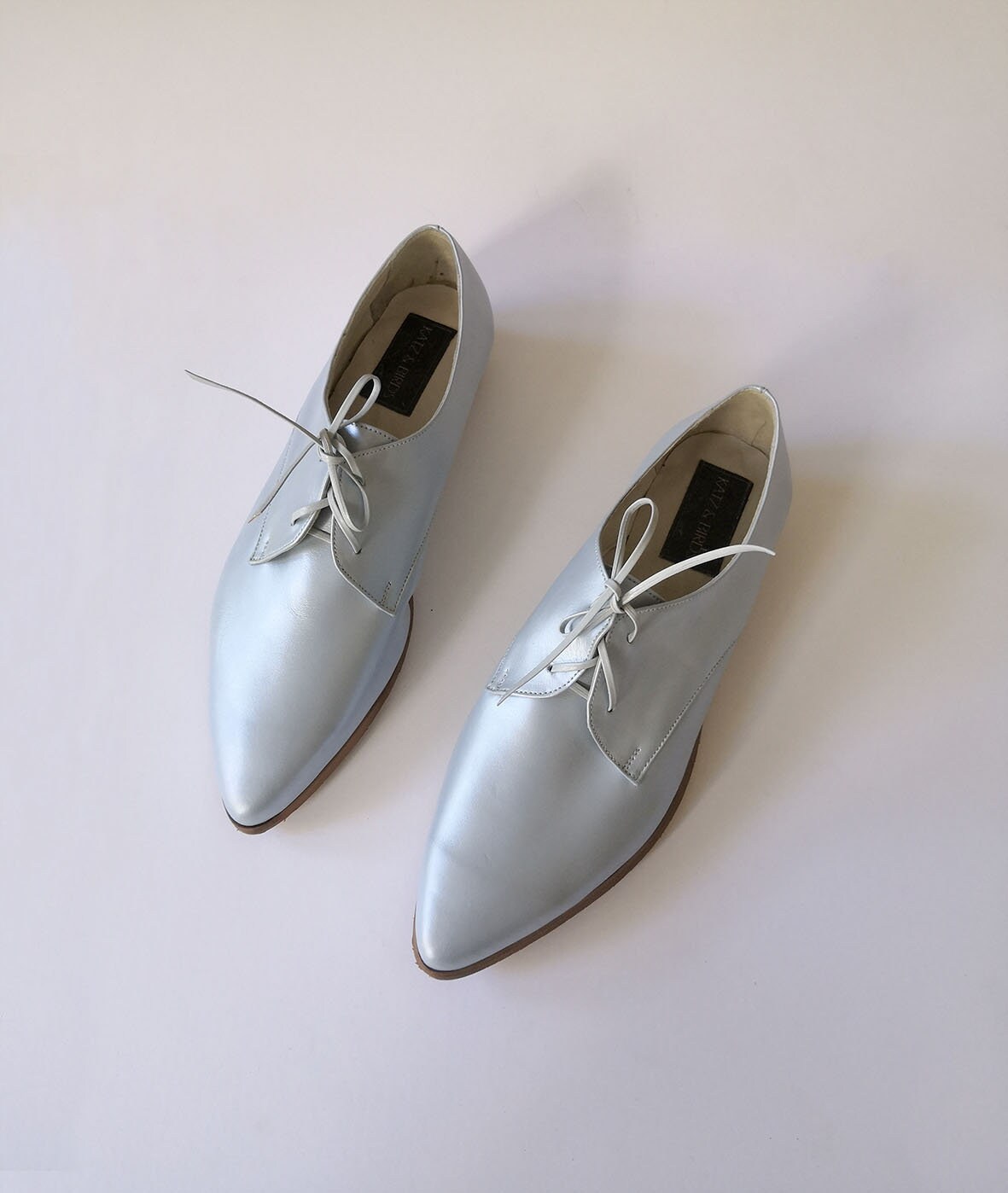 Women's Oxford Shoes, Light Blue Leather Shoes, Shiny Pointy Women's Oxford Shoes, Light Blue Leather Shoes, Shiny Pointy