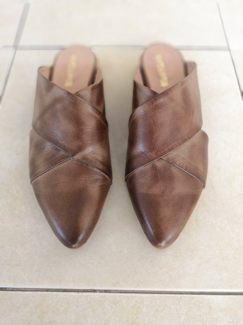 brown slip on mules