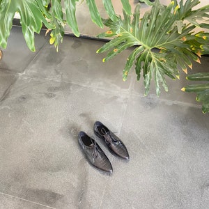 May include: A pair of black leather lace-up shoes with a pointed toe.
