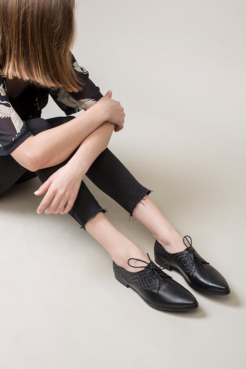 Black Oxford Shoes, Oxford Shoes Women, Lace Up Shoes, Textured Leather Oxfords, Oxfords Women, Elegant Flat Work Shoes, Oxfords Shoes Women image 5