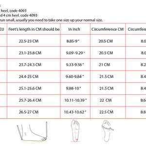 May include: Size chart for sandals and boots. The chart shows European shoe sizes, corresponding foot length in centimeters, inch measurements, and circumference in centimeters and inches. The chart also includes a note that the boots run small and to order one size up.