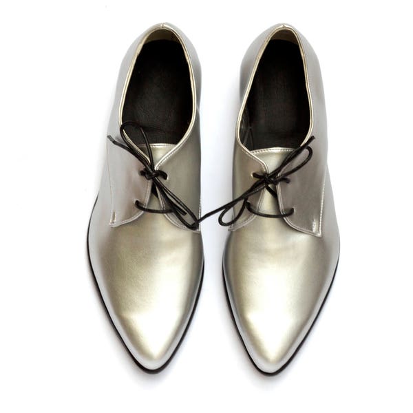 Silver Fine Vegan Oxford Shoes For Women