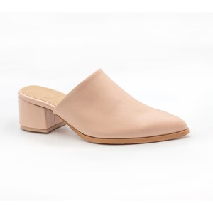 May include: A pair of light pink leather heeled mules with a pointed toe.
