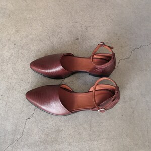 May include: A pair of brown leather ankle strap sandals with pointed toes. The sandals have a simple design and are made of a soft, supple leather.