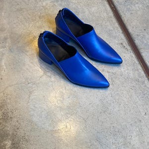 May include: A pair of blue leather heeled shoes with a pointed toe and a cut-out design on the side.