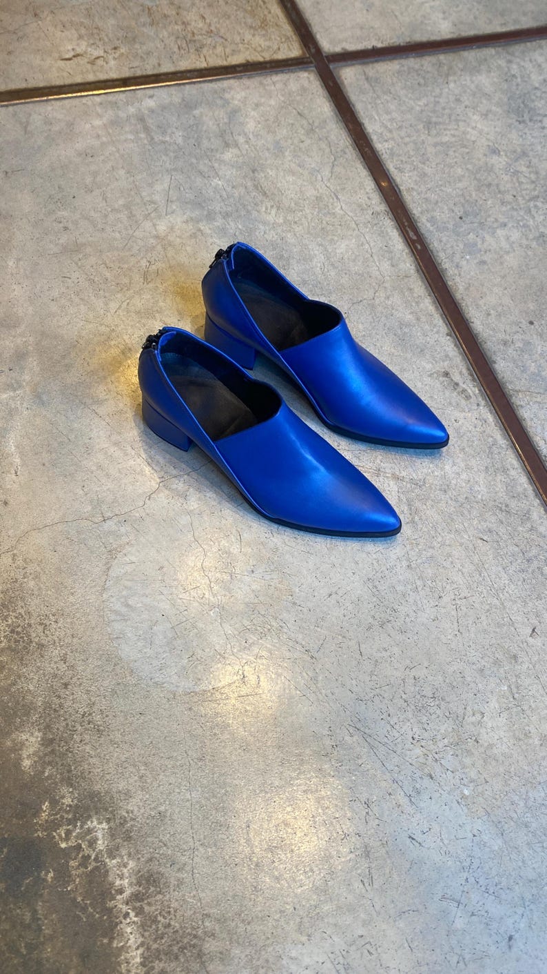 May include: A pair of blue leather heeled shoes with a pointed toe and a cut-out design on the side.
