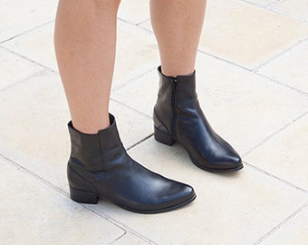 Black Leather Booties Comfortable Flat Boots Handmade Boots 