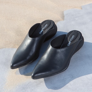 Pointed Toe Mules, Black Leather Mules Shoes, Stylish Heeled Open Back Mules, Women Slip On's Sandals, Slingback Shoes