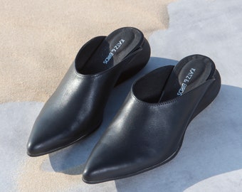 Pointed Toe Mules, Black Leather Mules Shoes, Stylish Heeled Open Back Mules, Women Slip On's Sandals, Slingback Shoes