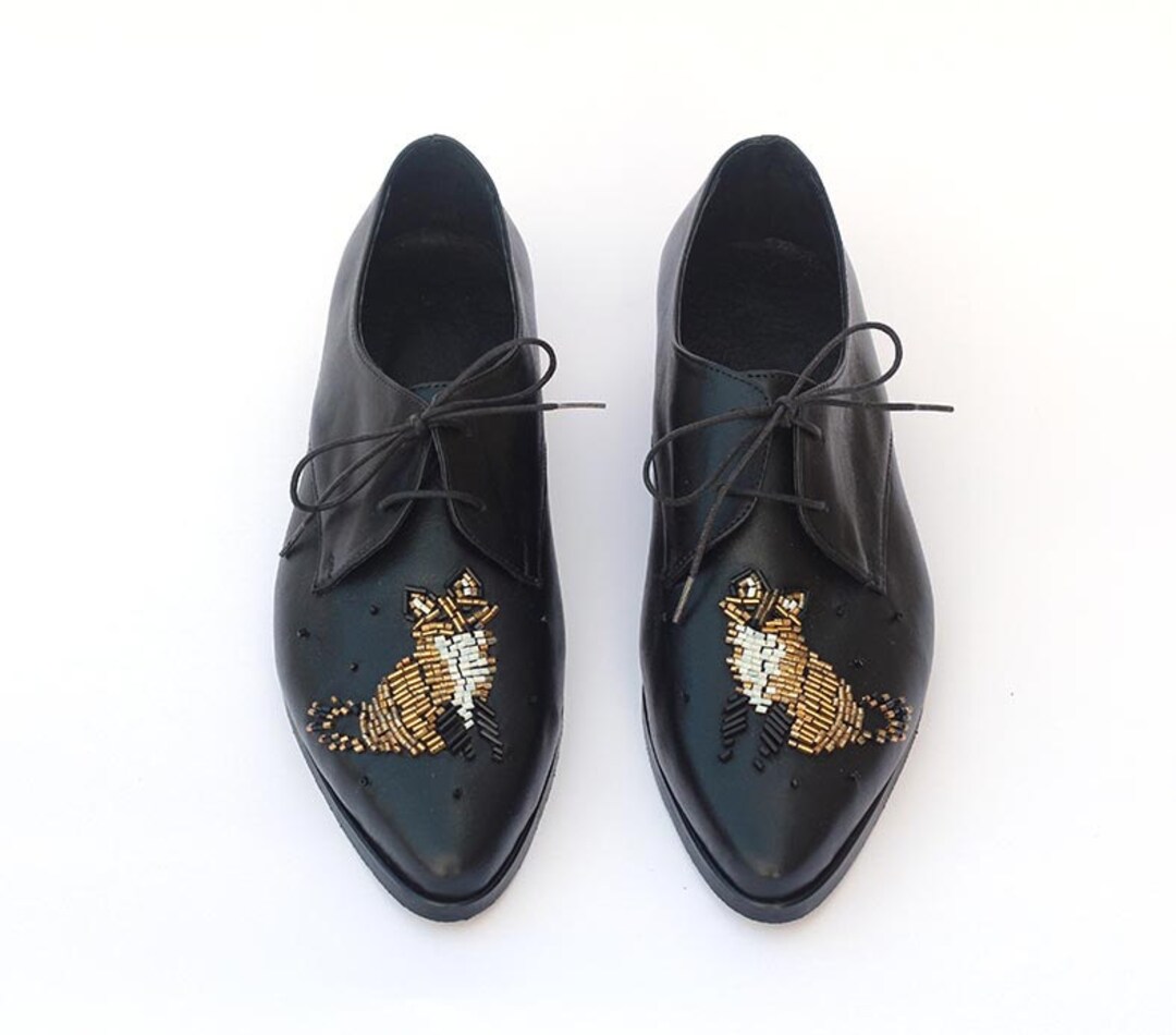 Women Custom Made Shoes, Oxfords Shoes With Gold Fox, Flat Formal Shoes ...