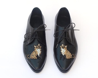 Women Custom Made Shoes, Oxfords Shoes with Gold Fox, Flat Formal Shoes, Pointed Toe Shoes, Dressy Shoe, Embroidered Shoe, Embellished Shoes