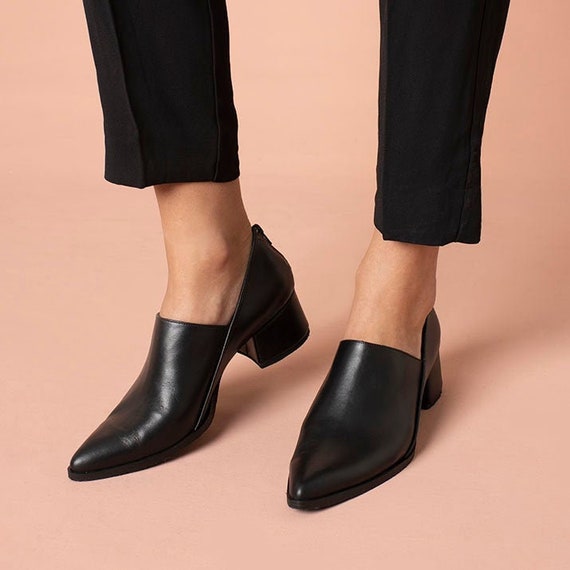 Women's Black Leather Shoes Handmade Formal Slip on -  Israel