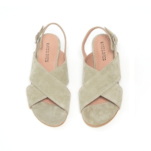 Women Cross X Sandals, Green Suede Leather Handmade Sandals, Comfortable Flats