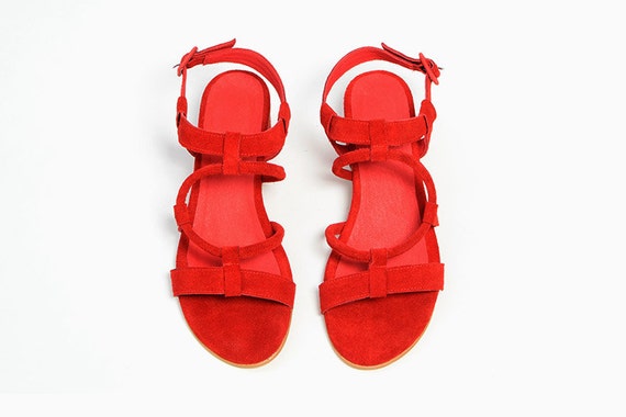 Greek Gladiator Strappy Sandals in Red Leather, Suede Sandals for Women,  Dress Low Heels Summer Sandals, Gift for Her, Genuine Leather - Etsy