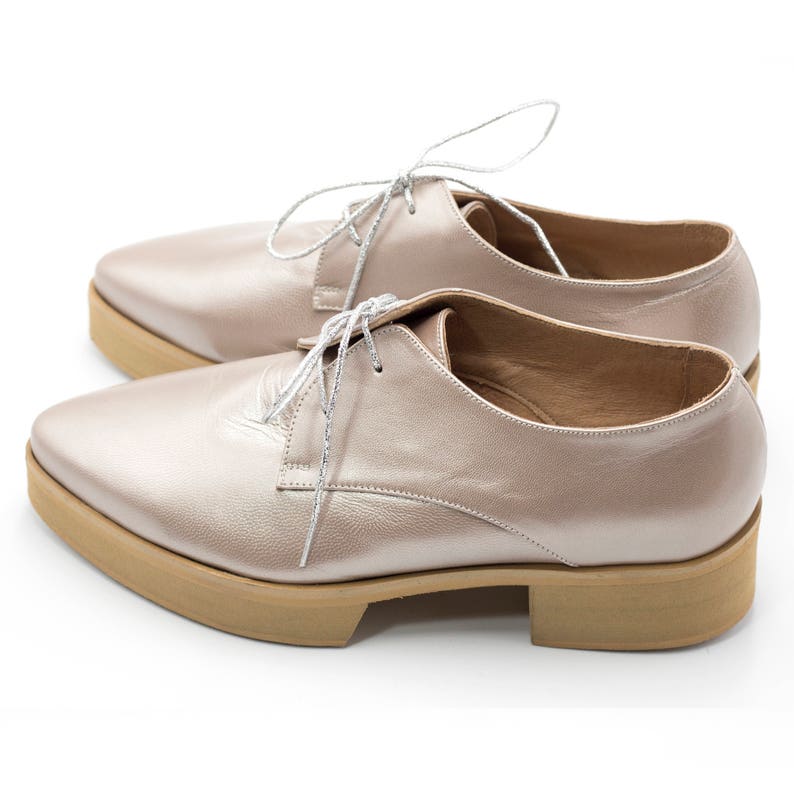Metallic Powder Leather Oxford Shoes, Comfortable Platform Shoes for