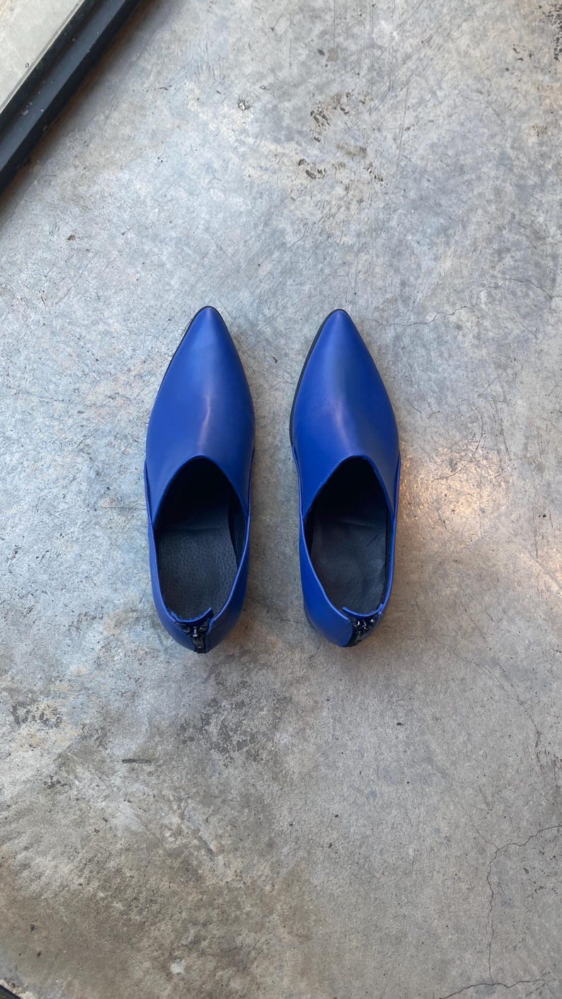 May include: A pair of blue leather pointed toe shoes with a zipper on the back.