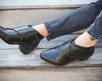 Black Criss Cross Leather Boots, Handmade Leather Ankle Booties