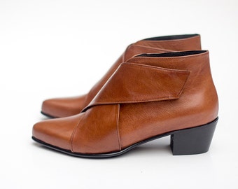 Camel Brown Leather Ankle Boots, Women Brown Custom Made X Boots, Everyday Brown Cool Booties