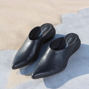 May include: A pair of black leather heeled mules with pointed toes. The shoes have a unique design with a curved heel and the brand name "SORB&Eacute; TIJUANA" printed on the insole.