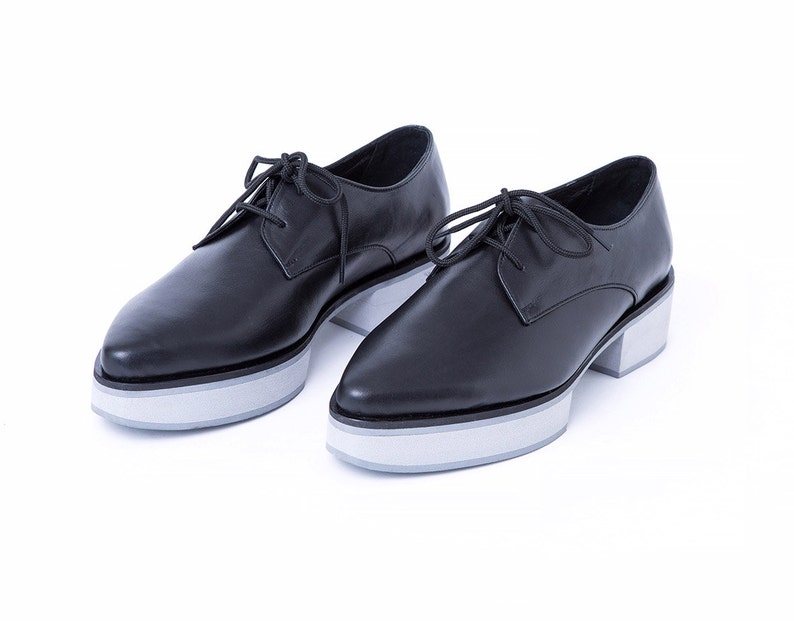 Black Gray Platform Oxfords, Leather Oxfords Shoes with Platform Heels For Women imagem 2