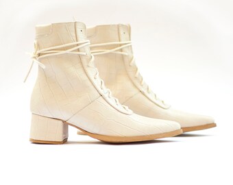 Off White Pointy Boots, White Lace up Ankle Boots for Women