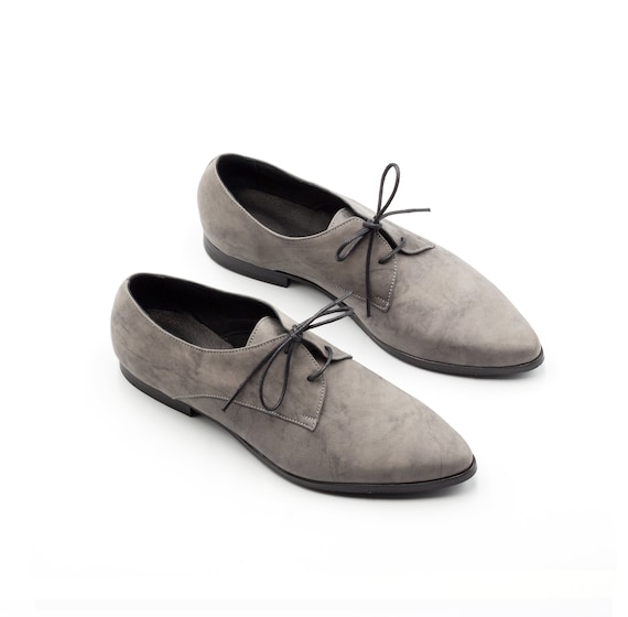 Gray Flats Leather Oxford Shoes for Women, Handmade Designer