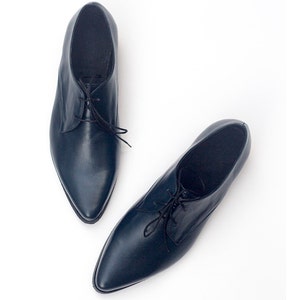 May include: A pair of dark blue leather lace-up shoes with pointed toes.